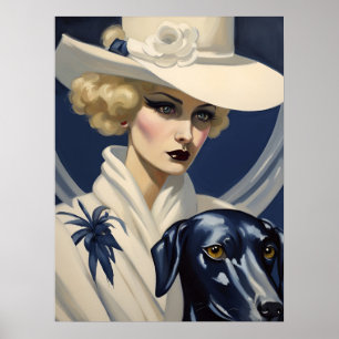 Dame Art déco en blanc avec chien noir, époque Gat