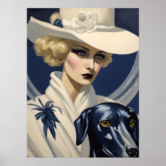 Dame Art déco en blanc avec chien noir, époque Gat