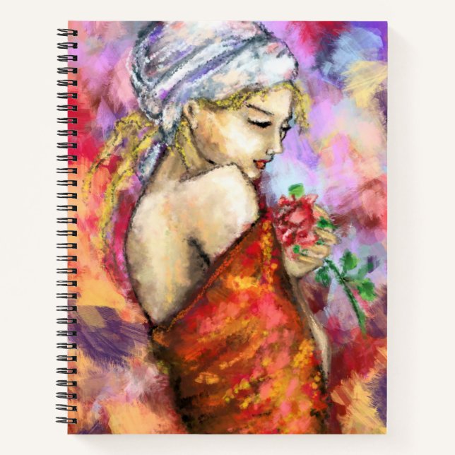 Dame avec Carnet Rose Peinture féminine moderne (Devant)