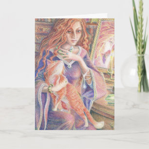 DAME AVEC CARTE DE SALUT D'ANNIVERSAIRE CHAT