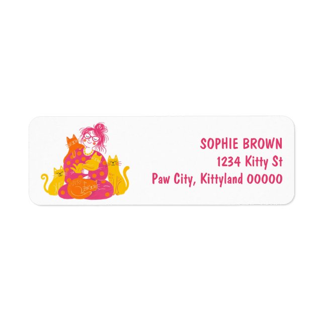 Dame Chat Fou Chats Mignons Rose Étiquette Adresse (Devant)