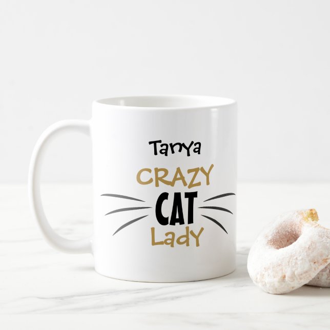 Dame de chat fou Moustaches Cadeau Tasse drôle (Avec donut)