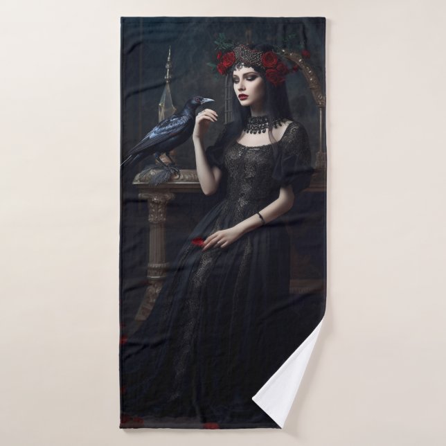 Dame gothique avec oiseau noir (Serviette de bain)