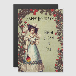 Dame victorienne dans la Rose rouge jardin avec ve