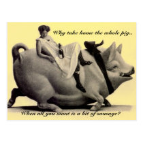 Dame vintage drôle de carte postale montant un