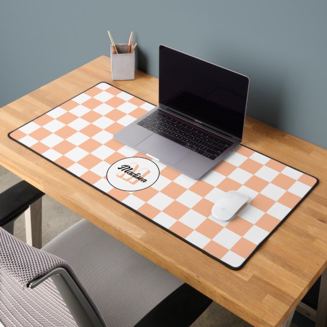 Damier pêche blanc géométrique rétro Monogramme (Bureau 2)