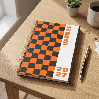 Damier Rétro Orange Noir Nom Personnalisé Année 