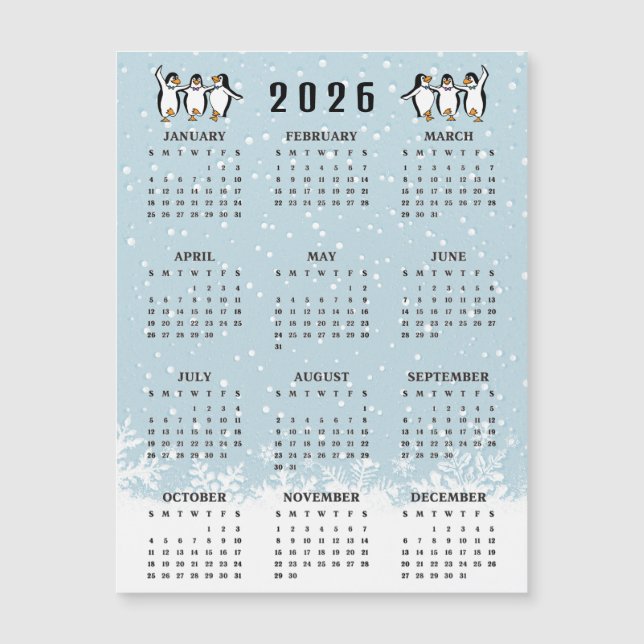 Dancing Penguins 2026 Calendar Magnetic Card (Devant)