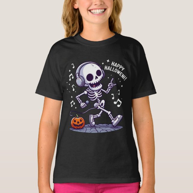 Dancing Skeleton Halloween Musique amusant T-shirt (Devant)