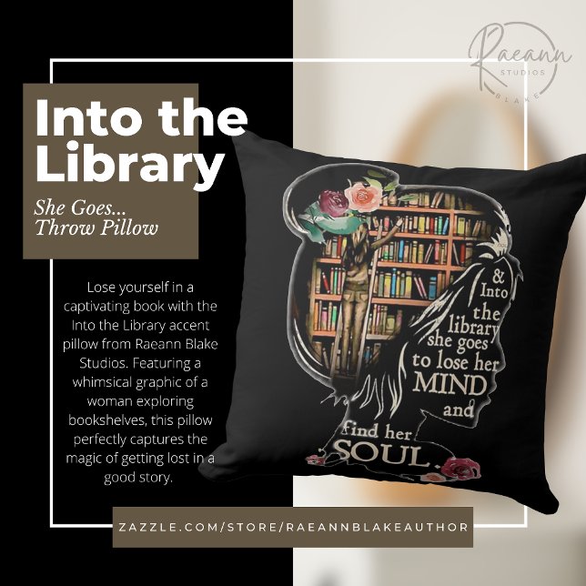 Dans la bibliothèque, elle va Coussin de jet (Créateur téléchargé)