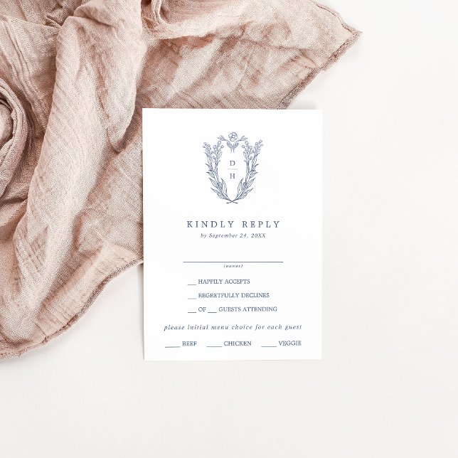 DAPHNE Blanc Bleu Marine Elégant Mariage Carte RSV (DAPHNE White Blue Navy Elegant Wedding RSVP Card)