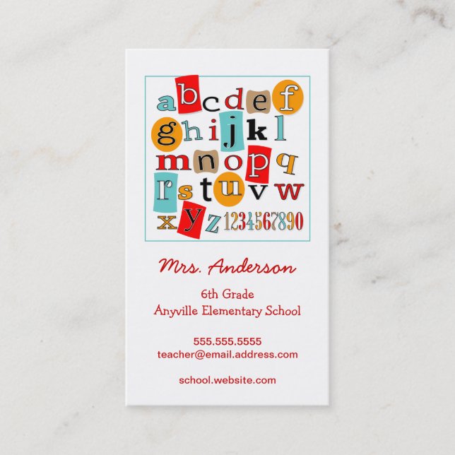 D'appel ABC 123 Alphabet Enseignant Carte de visite de con (Devant)