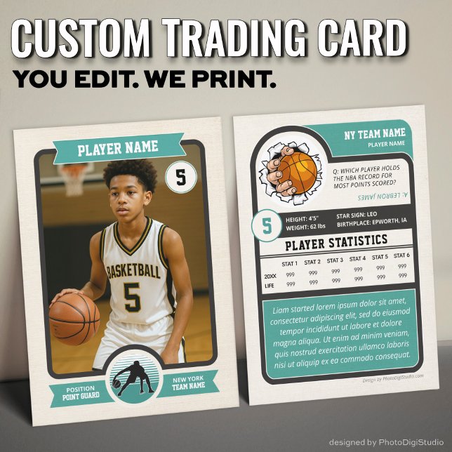 D'appel Carte à collectionner de basket-ball personnalisée (Vintage Custom Basketball Trading Card, Teal Player Card)