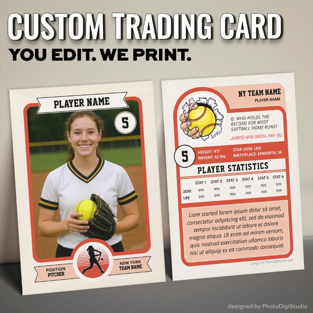 D'appel Carte à collectionner de softball personnalisée vi (Vintage Custom Softball Trading Card, Red Player Card)