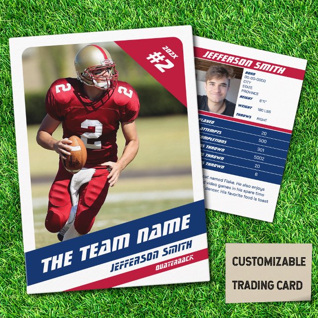 D'appel Carte à collectionner équipe de football américain (American Football Player Trading Card in White with Custom Team Name with Blue Red Stripes
)