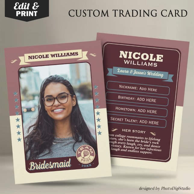 D'appel Carte à collectionner personnalisée pour l'équipe  (Custom Team Bride Trading Card, Bridesmaids Gifts Maid of Honor Trading Card, Retro Wedding Cards)