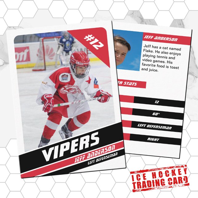 D'appel Carte à échanger de hockey sur glace en rouge blan (Proudly share youre kids' achievements with this red white and black card)