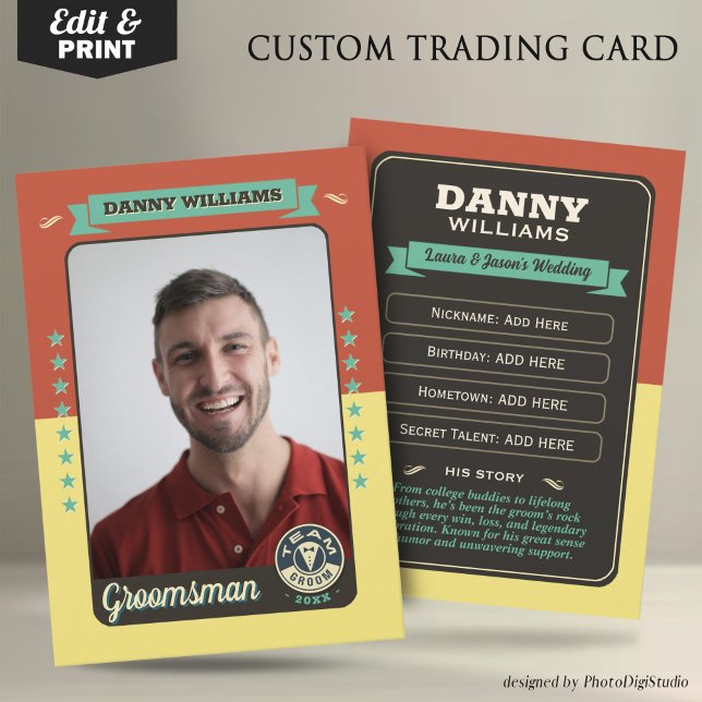 D'appel Carte à échanger de marié d'équipe personnalisée,  (Custom Team Groom Trading Card, Groomsmen Gifts Best Man Trading Card, Retro Wedding Cards)