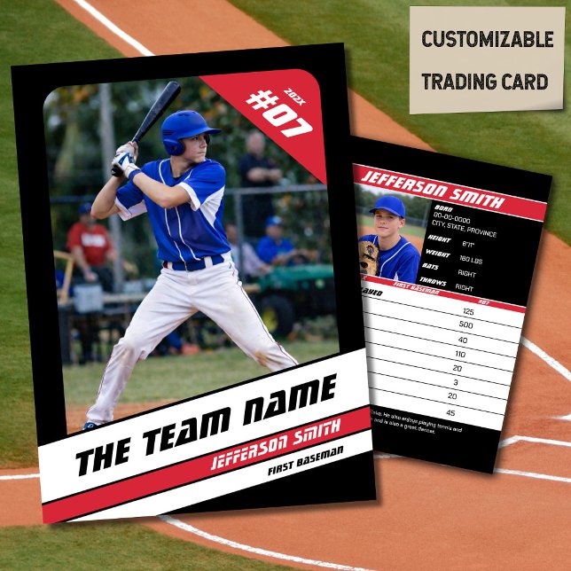 D'appel Carte à échanger d'équipe de baseball Cadeau de sp (Baseball Player Trading Card in Black with Custom Team Name and White Red Elements)