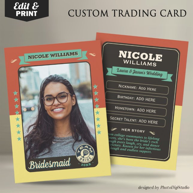 D'appel Carte à échanger d'équipe personnalisée de la mari (Custom Team Bride Trading Card, Bridesmaids Gifts Maid of Honor Trading Card, Retro Wedding Cards)