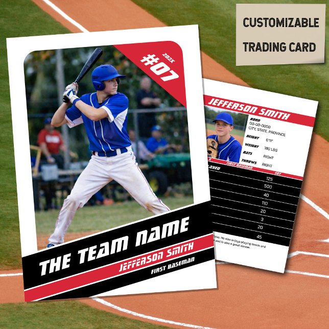 D'appel Carte Cadeau Équipe de Baseball Rouge Blanc (Baseball Player Trading Card in White with Custom Team Name and White Red Elements)