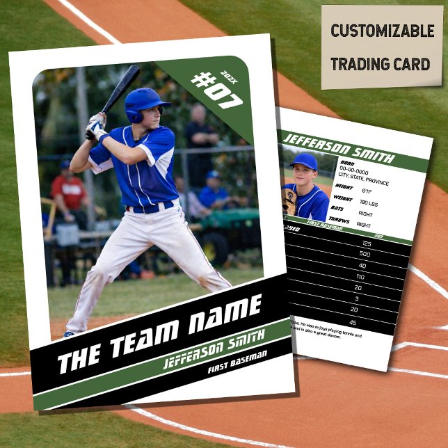 D'appel Carte Cadeau Équipe de Baseball Verte Blanche (Baseball Player Trading Card in White with Custom Team Name and Green and Black Elements)