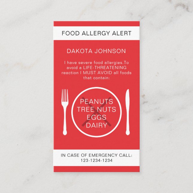 D'appel Carte Chef Alerte aux allergies alimentaires (Devant)