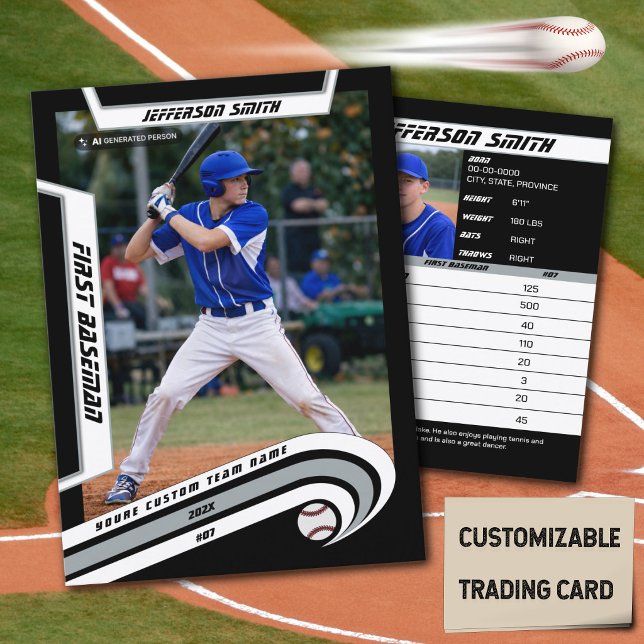 D'appel Carte de Baseball Argent Noir Animée (Baseball Player Trading Card in Black with Custom Team Name and White Silver Elements)