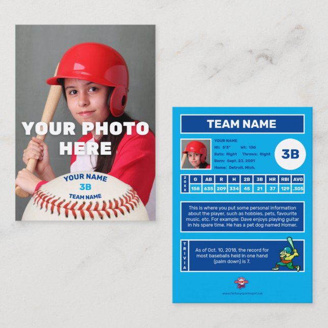 D'appel Carte de baseball Bleu arrière - Statistiques pers (Devant / Derrière)