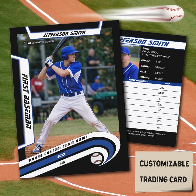 D'appel Carte de Baseball Bleu Vivant Noir (Baseball Player Trading Card in Black with Custom Team Name and White Blue Elements)