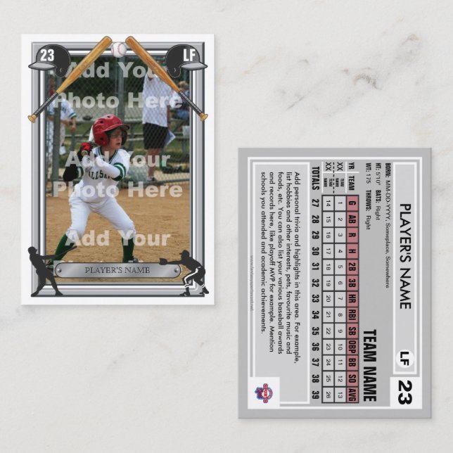D'appel Carte de baseball Grey Back - Statistiques personn (Devant / Derrière)