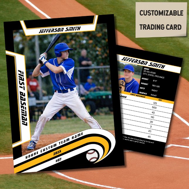 D'appel Carte de Baseball Jaune Vive Noir (Baseball Player Trading Card in Black with Custom Team Name and White Yellow Elements)