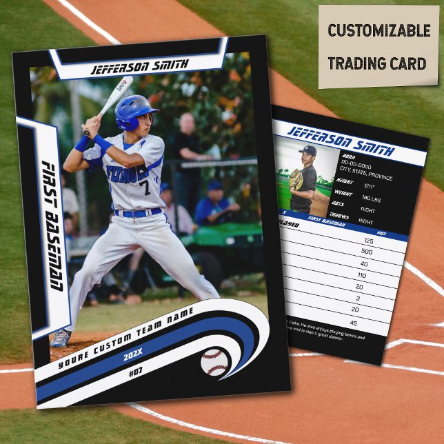 D'appel Carte de baseball Lively Blue Black (Baseball Player Trading Card in Black with Custom Team Name and White Blue Elements)