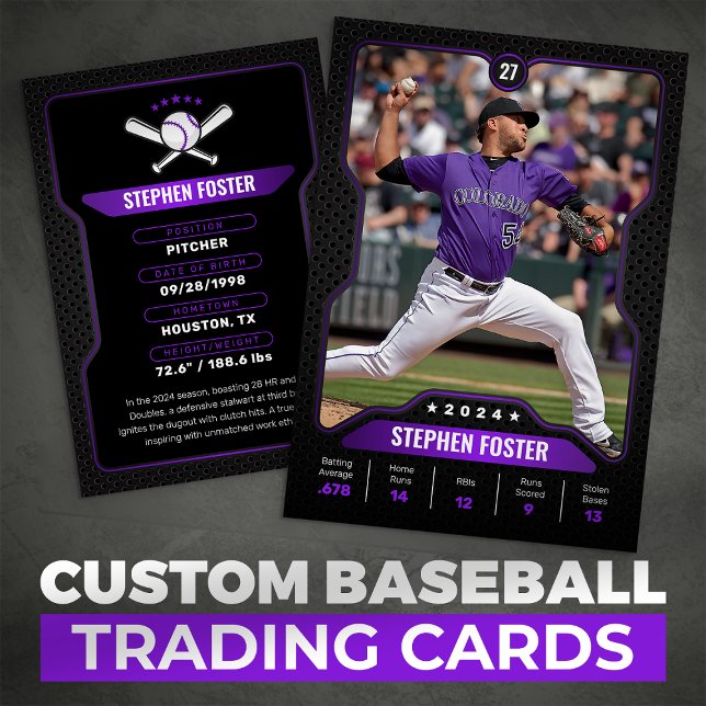 D'appel Carte de baseball noire et violette avec statistiq (Créateur téléchargé)