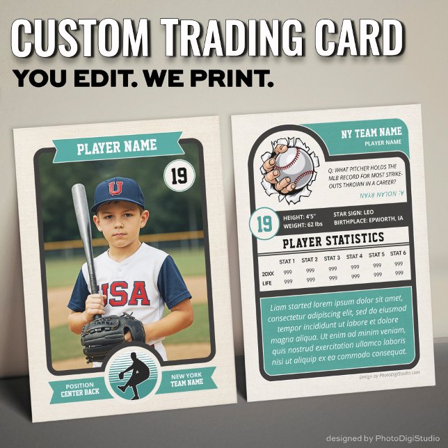 D'appel Carte de baseball personnalisée, carte de joueur V (Vintage Custom Baseball Trading Card, Teal Player Card)