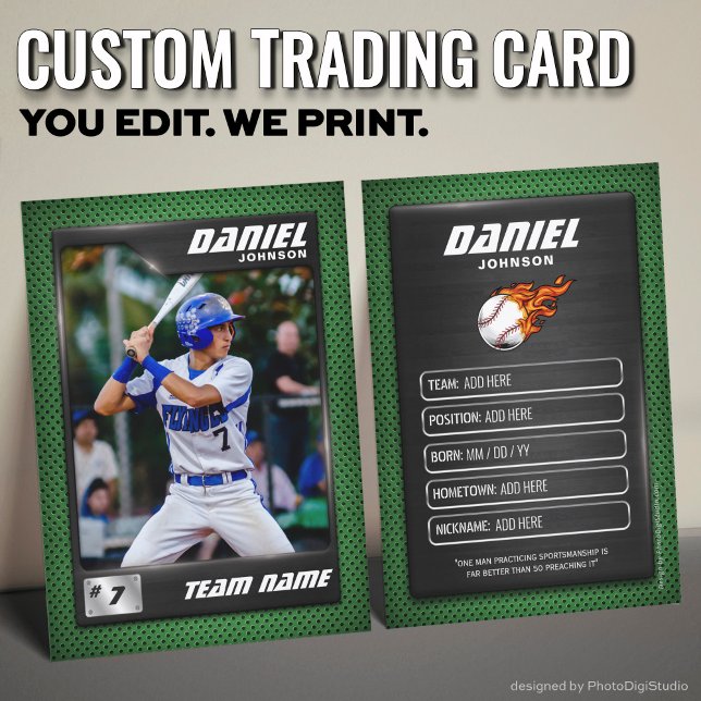 D'appel Carte de baseball personnalisée, joueur moderne ve (Custom Baseball Trading Card, Modern Green Player Card)