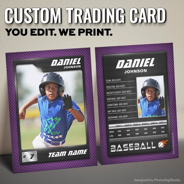 D'appel Carte de baseball personnalisée, Statistiques PRO  (Custom Baseball Trading Card, Purple PRO Stats Player Card)