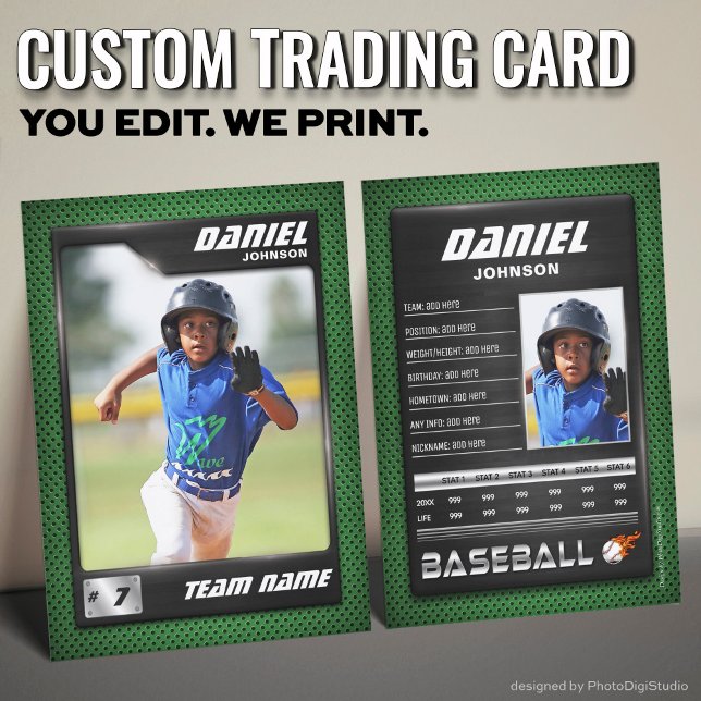 D'appel Carte de baseball personnalisée, Statistiques PRO  (Custom Baseball Trading Card, Green Gray PRO Stats Player Card)