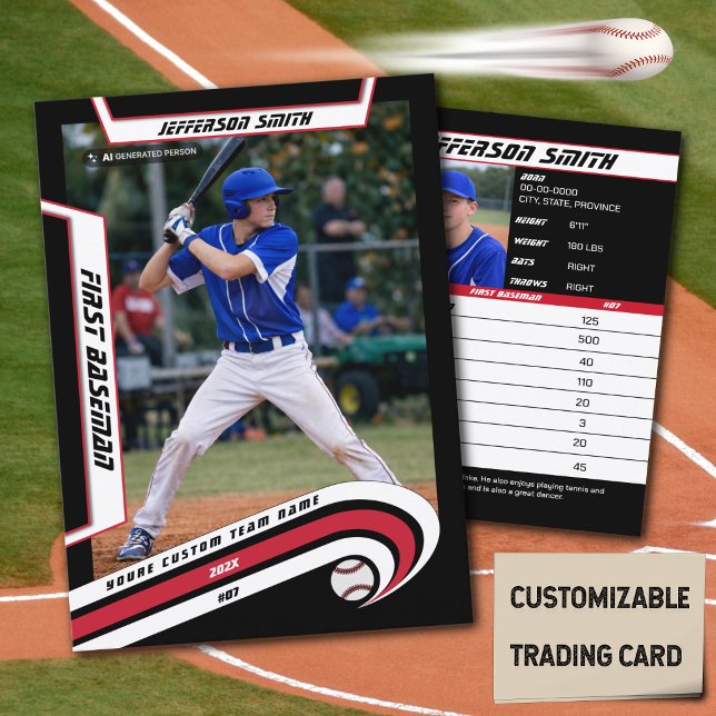 D'appel Carte de Baseball Rouge Noir Animée (Baseball Player Trading Card in Black with Custom Team Name and White Red Elements)