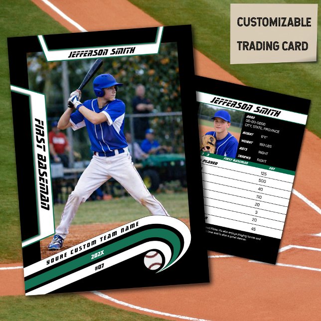 D'appel Carte de Baseball Verte Animée Noire (Baseball Player Trading Card in Black with Custom Team Name and White Green Elements)