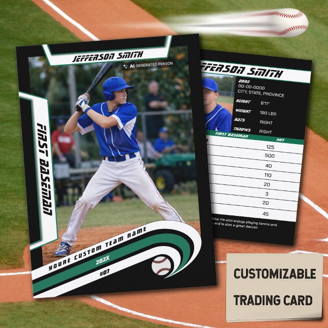 D'appel Carte de Baseball Verte Vive et Noire (Baseball Player Trading Card in Black with Custom Team Name and White Green Elements)