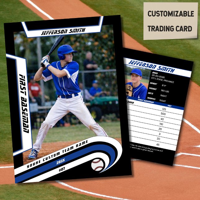 D'appel Carte de Baseball Vibrante Bleu Noir (Baseball Player Trading Card in Black with Custom Team Name and White Blue Elements)