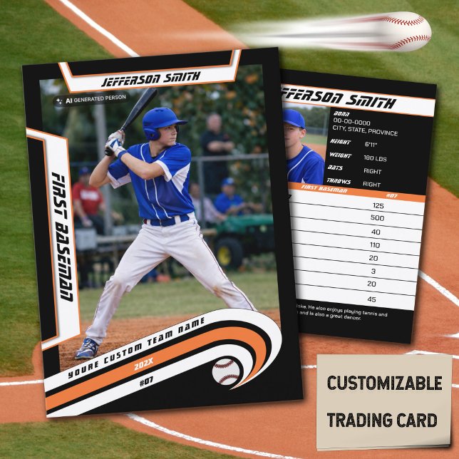 D'appel Carte de Baseball Vibrante Orange Noir (Baseball Player Trading Card in Black with Custom Team Name and White Orange Elements)