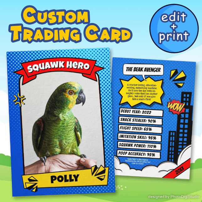 D'appel Carte de collection de bande dessinée de compagnie (Pet Comic Trading Card Funny Custom Bird Gift, Bird Trading Card)