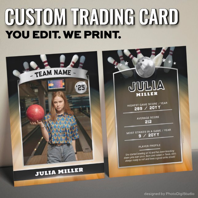 D'appel Carte de collection de bowling personnalisée, cart (Custom Bowling Trading Card, Modern Bowler Card Silver )