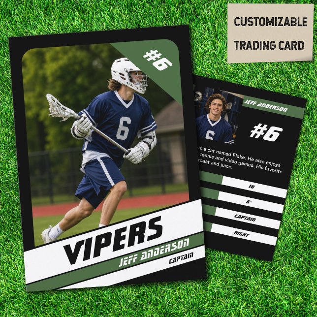 D'appel Carte de collection de joueur de crosse Vert vibra (Custom green & black lacrosse trading cards personalized with your favorite player)