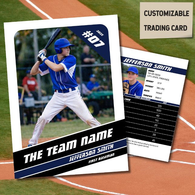 D'appel Carte de collection d'équipe de baseball Bleu Blan (Baseball Player Trading Card in White with Custom Team Name and White Blue Elements)
