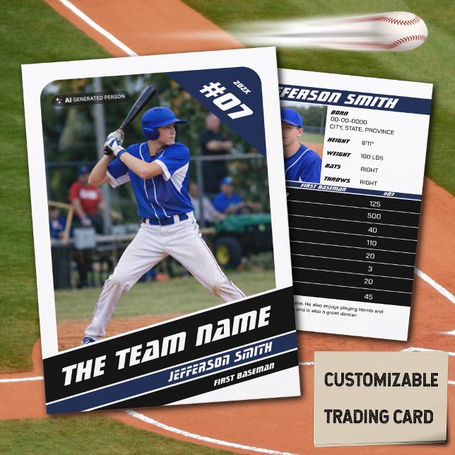 D'appel Carte de collection d'équipe de baseball Cadeau Bl (Baseball Player Trading Card in White with Custom Team Name and White Blue Elements)