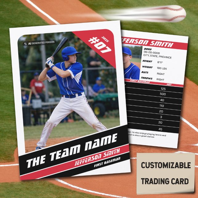 D'appel Carte de collection d'équipe de baseball Cadeau Ro (Baseball Player Trading Card in White with Custom Team Name and White Red Elements)