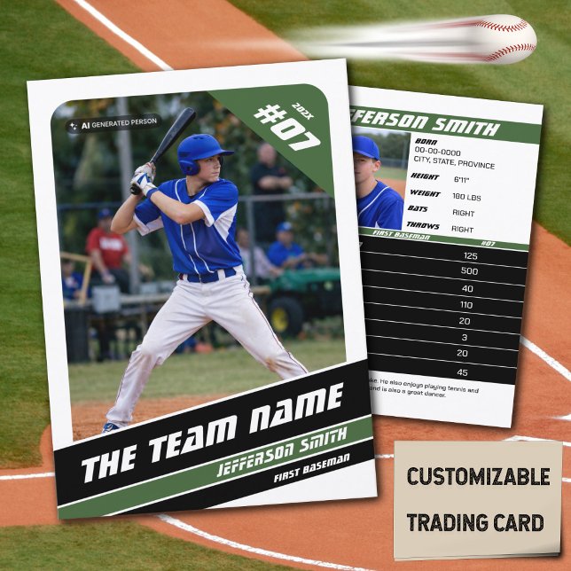 D'appel Carte de collection d'équipe de baseball Cadeau Ve (Baseball Player Trading Card in White with Custom Team Name and Green and Black Elements)